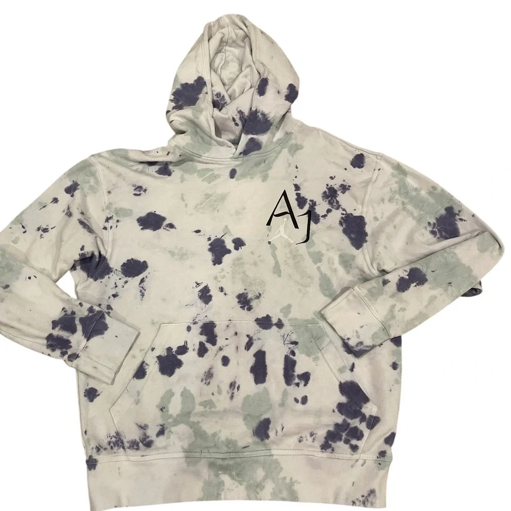 Jordan AJ Tie Dye Hoodie Mens Large Grey Navy White Fleece Pullover Jumpman Logo
